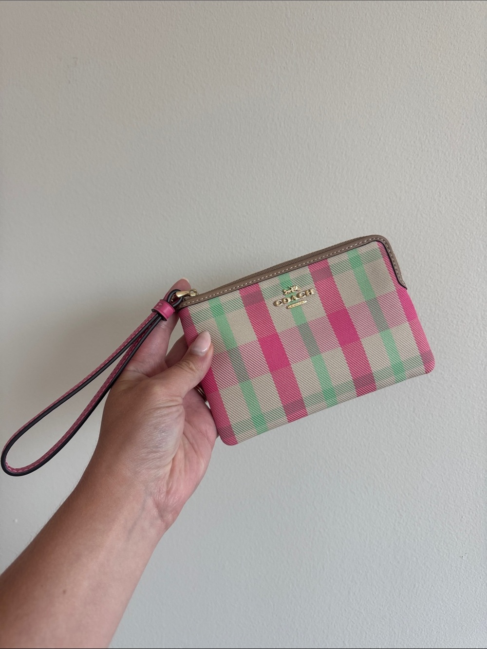 Coach Pink and Mint Plaid Wristlet Clutch